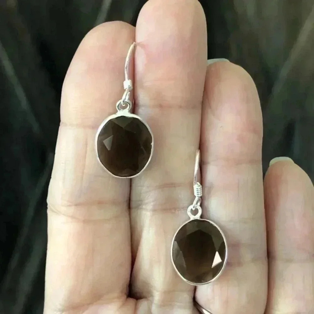 Smoky Quartz Beveled Oval 925 Sterling Silver Handmade Earrings NWT